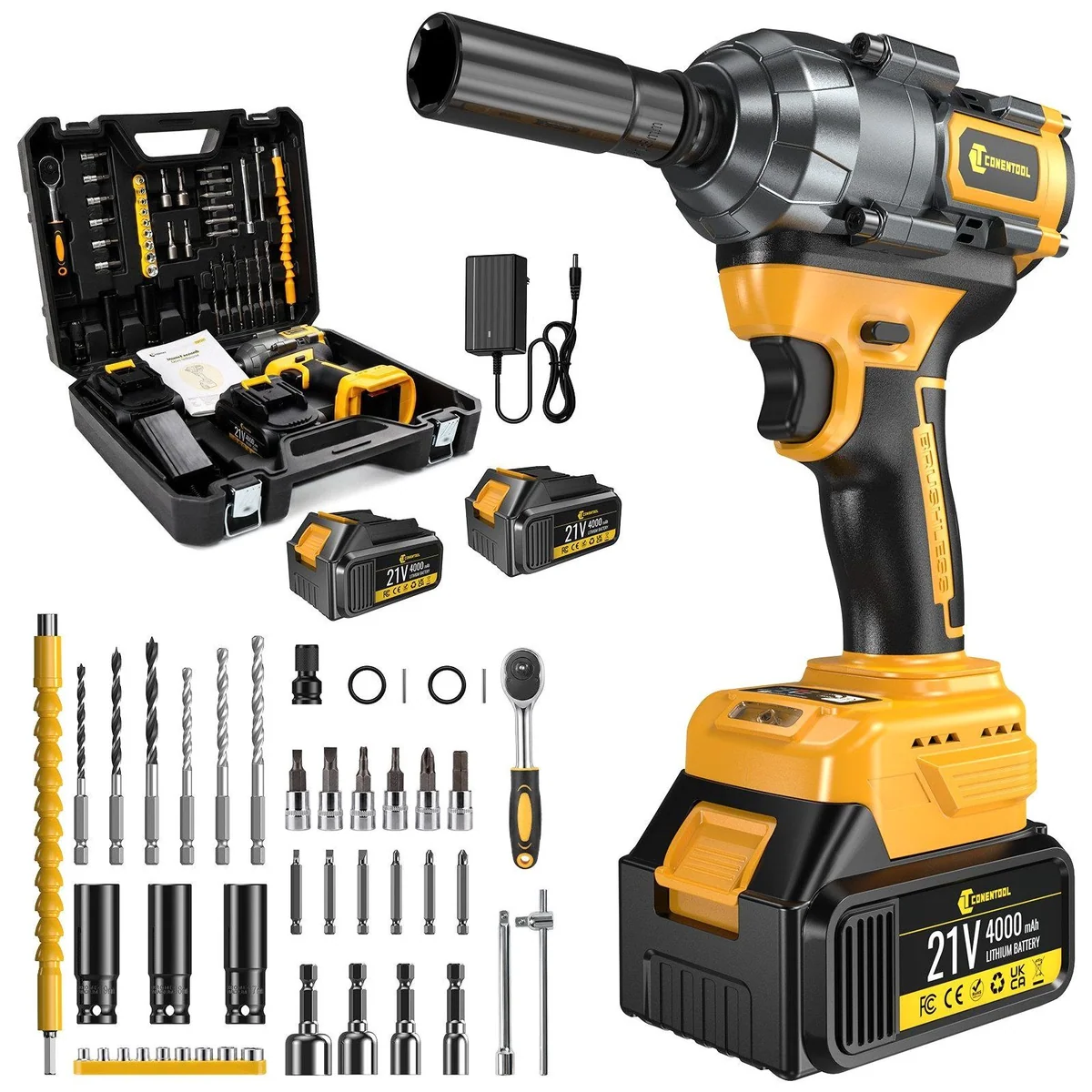 CONENTOOL Akku-Schlagschrauber 1/2", 800 Nm, 3-in-1 Multifunktionswerkzeug, 43-teiliges Set