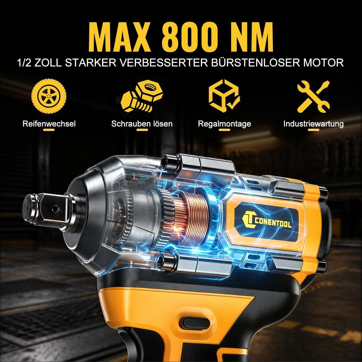 CONENTOOL Akku-Schlagschrauber 1/2", 800 Nm, 3-in-1 Multifunktionswerkzeug, 43-teiliges Set 2