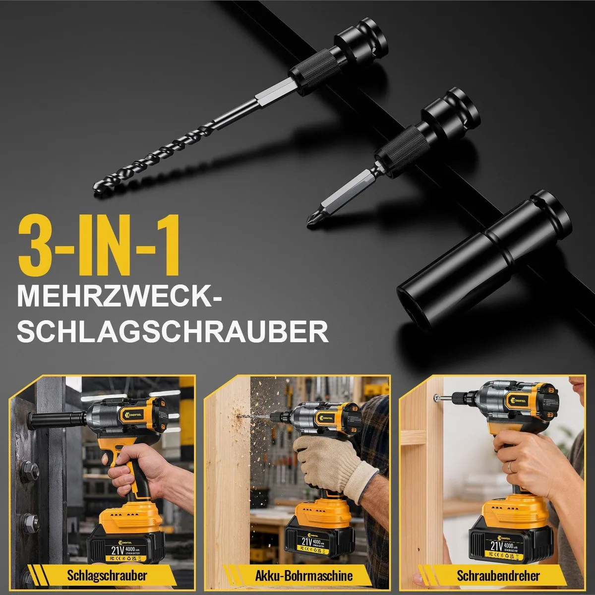 CONENTOOL Akku-Schlagschrauber 1/2", 800 Nm, 3-in-1 Multifunktionswerkzeug, 43-teiliges Set 5