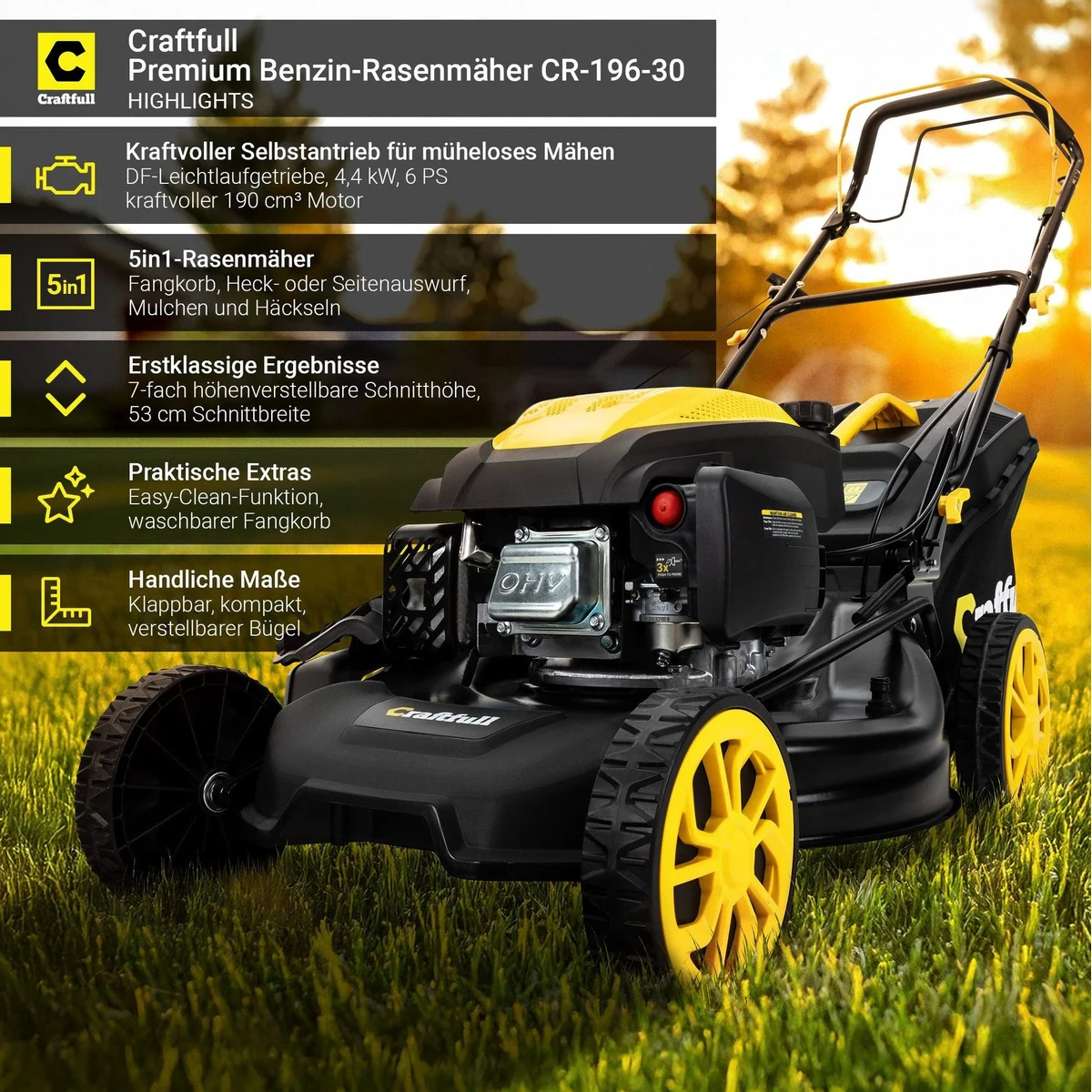 Craftfull CR-196-30 Benzinrasenmäher, 6 PS, 53 cm Schnittbreite, 5in1-Funktionen 2