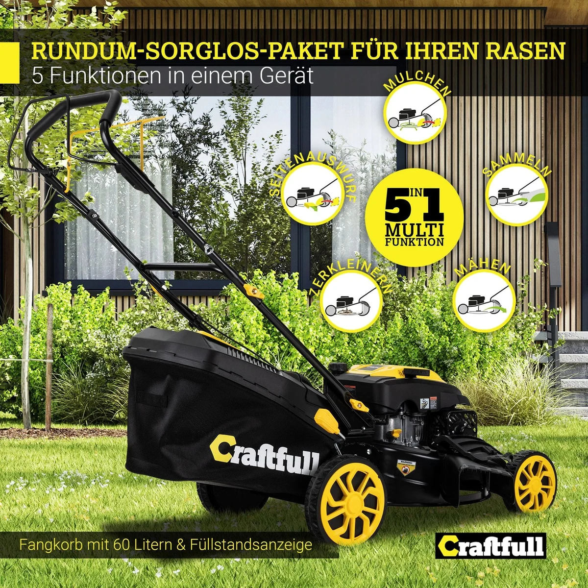 Craftfull CR-196-30 Benzinrasenmäher, 6 PS, 53 cm Schnittbreite, 5in1-Funktionen 3