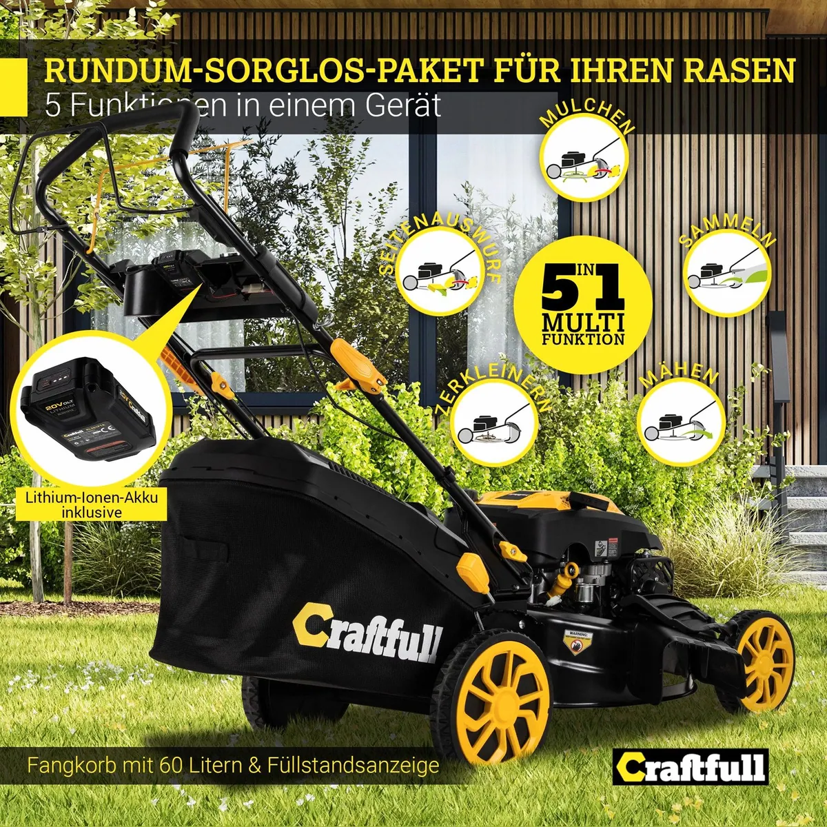 Craftfull CR-196-30E Benzinrasenmäher, 6 PS, 53 cm Schnittbreite, E-Starter 2