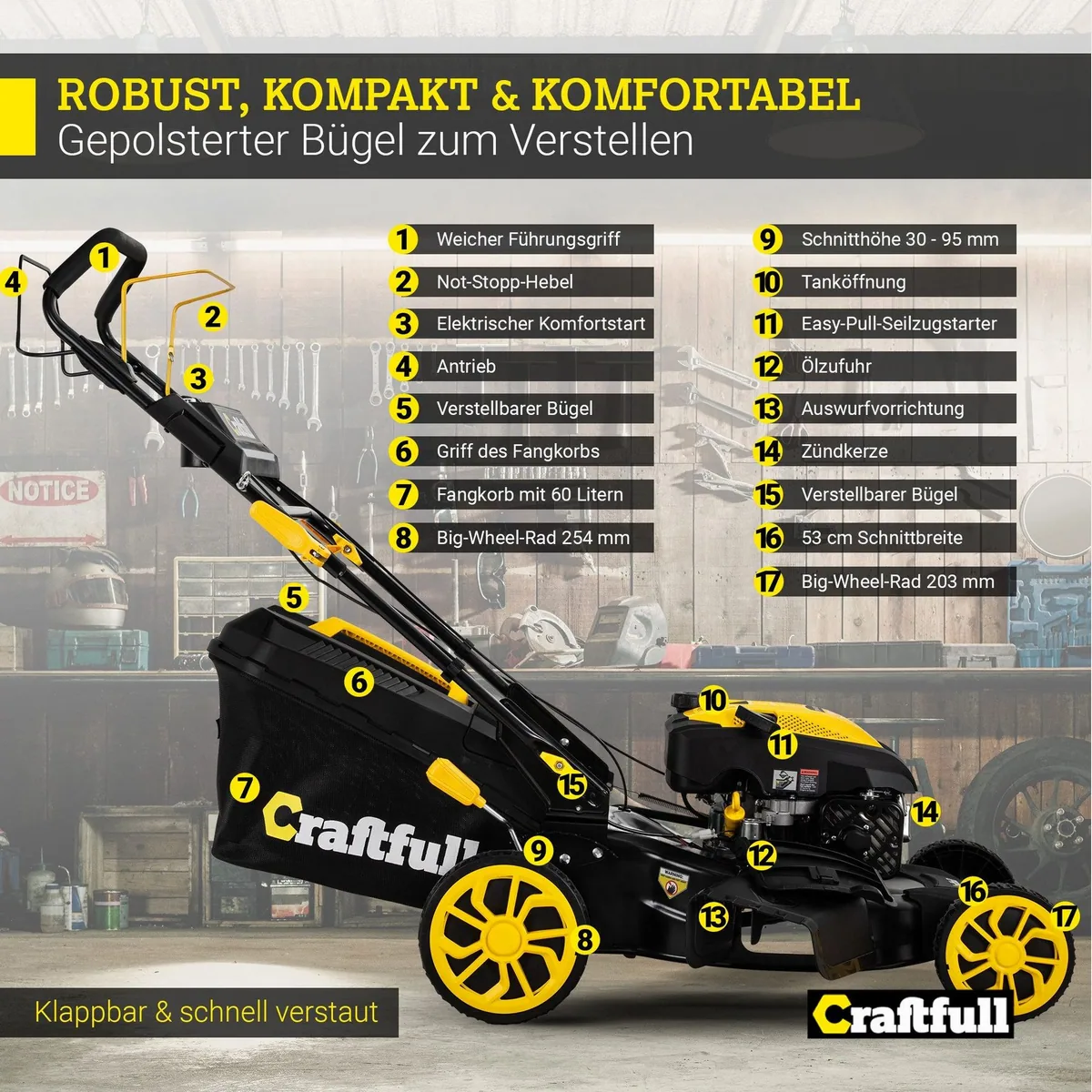Craftfull CR-196-30E Benzinrasenmäher, 6 PS, 53 cm Schnittbreite, E-Starter 5