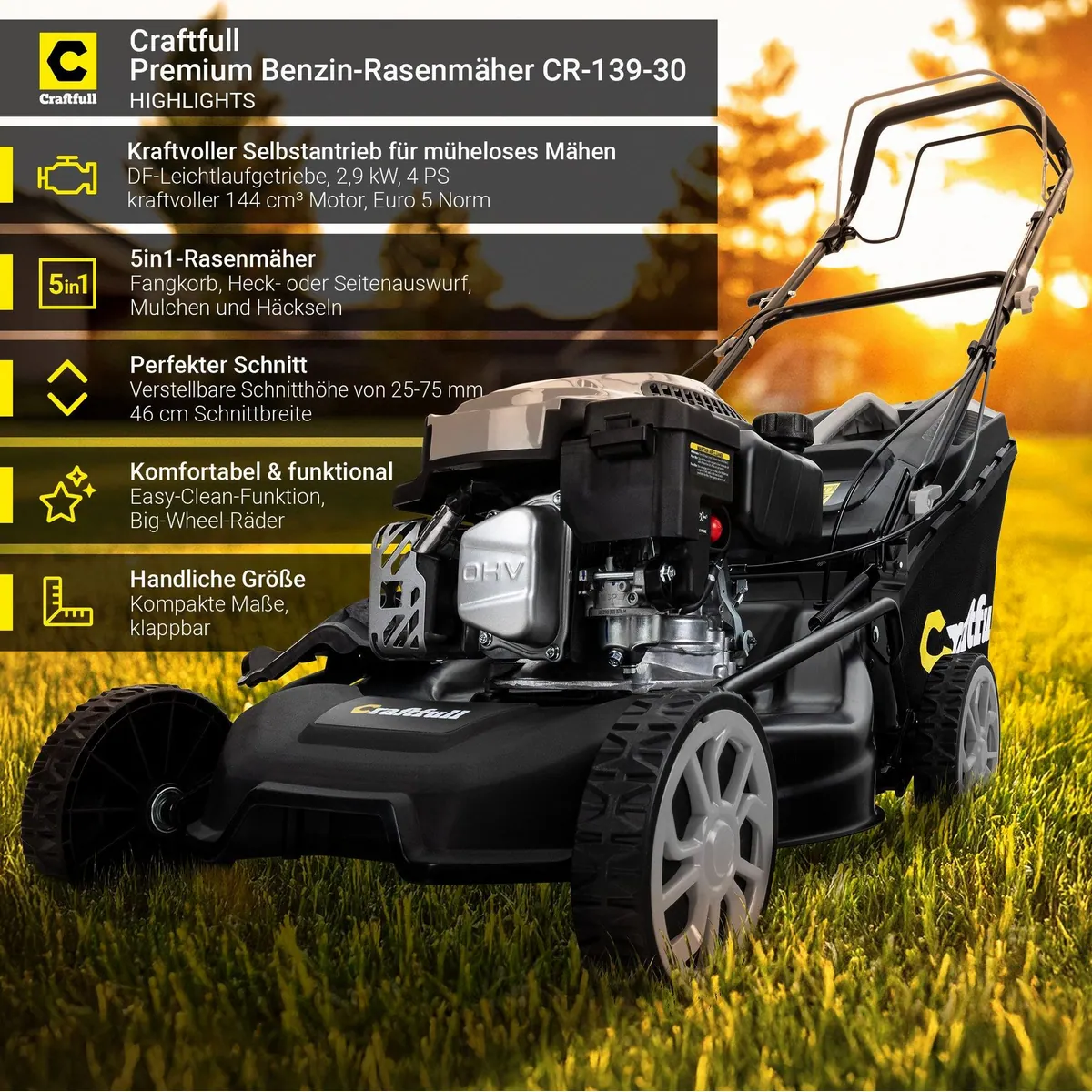 Craftfull Benzin-Rasenmäher CR-139-30, 5in1-Funktionalität, 46 cm Schnittbreite — ideal für jeden Garten 2