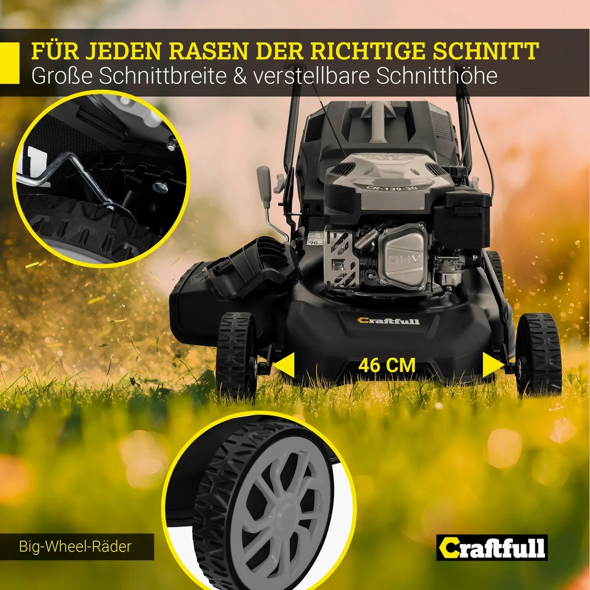 Craftfull Benzin-Rasenmäher CR-139-30, 5in1-Funktionalität, 46 cm Schnittbreite — ideal für jeden Garten 5