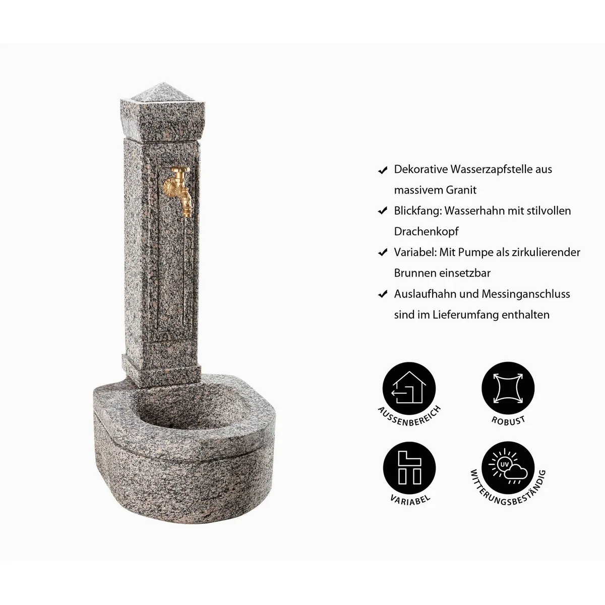 Dehner Gartenbrunnen Berlin, 110 x 45 x 60 cm, Granit, nostalgischer Wasserhahn 2