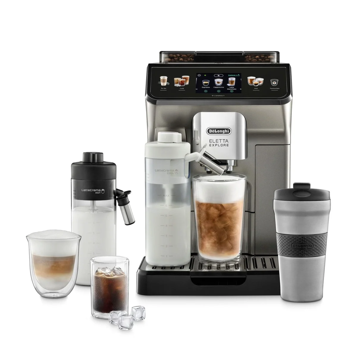 De'Longhi Eletta Explore Cold Brew ECAM450.86.T, Vielseitigkeit, 2 Karaffen, Cold Extraction Technology