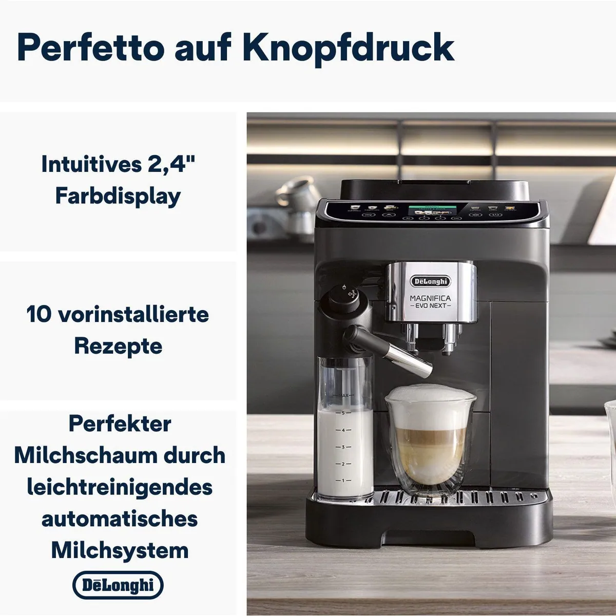 De'Longhi Magnifica Evo Next ECAM310.60.GB, Benutzerprofile, LatteCrema Milchsystem, TFT-Display 2