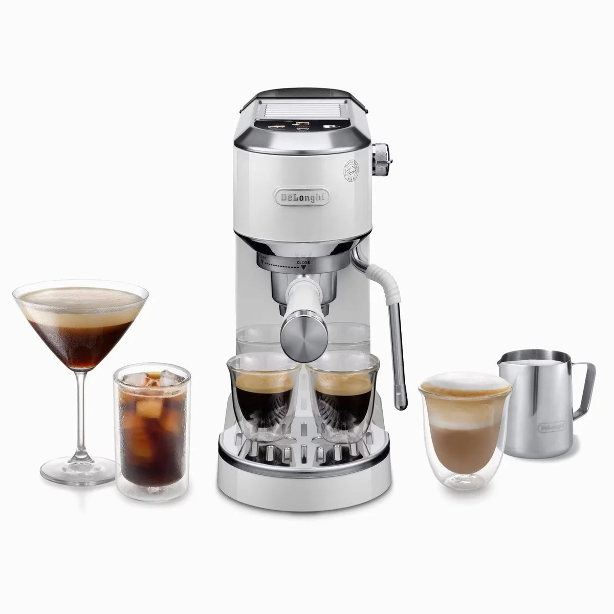 De'Longhi Dedica Duo EC890.WI, Espresso & Cold Brew, 15 Bar Druck — kompakte Breite, Touch-Buttons, milchschäumend