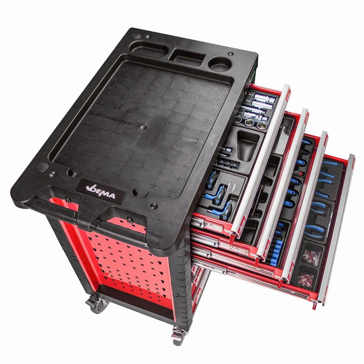 DEMA Werkzeugwagen, 262-teilig, robust und vielseitig — Ergonomischer Schiebegriff, Auszugssicherung, zentraler Schließmechanismus 2