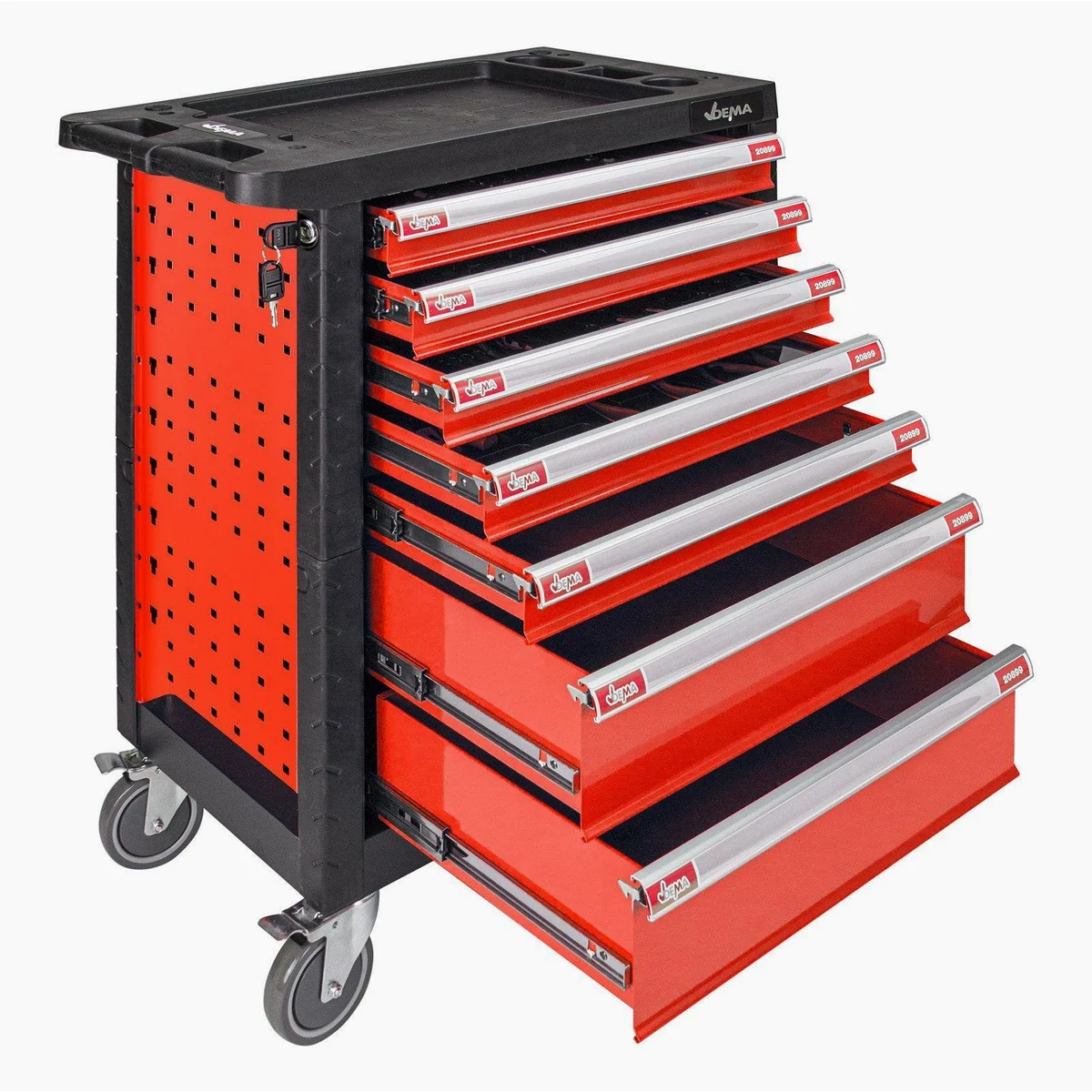 DEMA Werkzeugwagen, 262-teilig, robust und vielseitig — Ergonomischer Schiebegriff, Auszugssicherung, zentraler Schließmechanismus 4