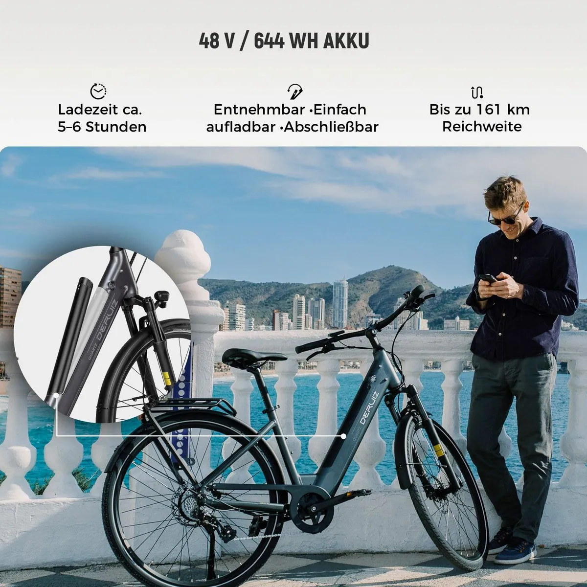 DERUIZ E-Bike Cityrad 28 Zoll, 644 Wh Akku, Drehmomentsensor, Shimano 8-Gang-Schaltung 5