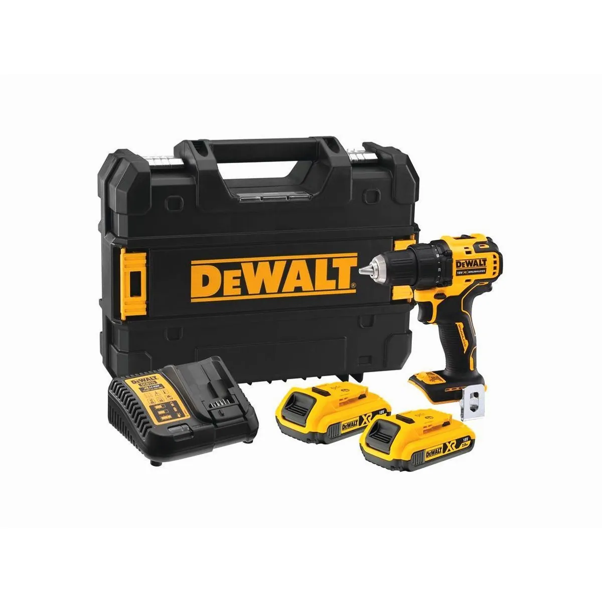 DeWalt Akku-Bohrschrauber 18 V, bürstenloser Motor, LED-Leuchte, inkl. 2 Akkus und Schnellladegerät