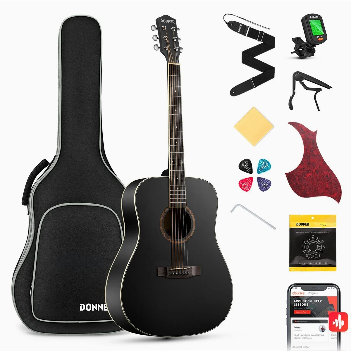 Donner DAG-1CB Akustikgitarre, 41 Zoll, Komplettset für Anfänger — inkl. Gigbag, Gurt, Stimmgerät