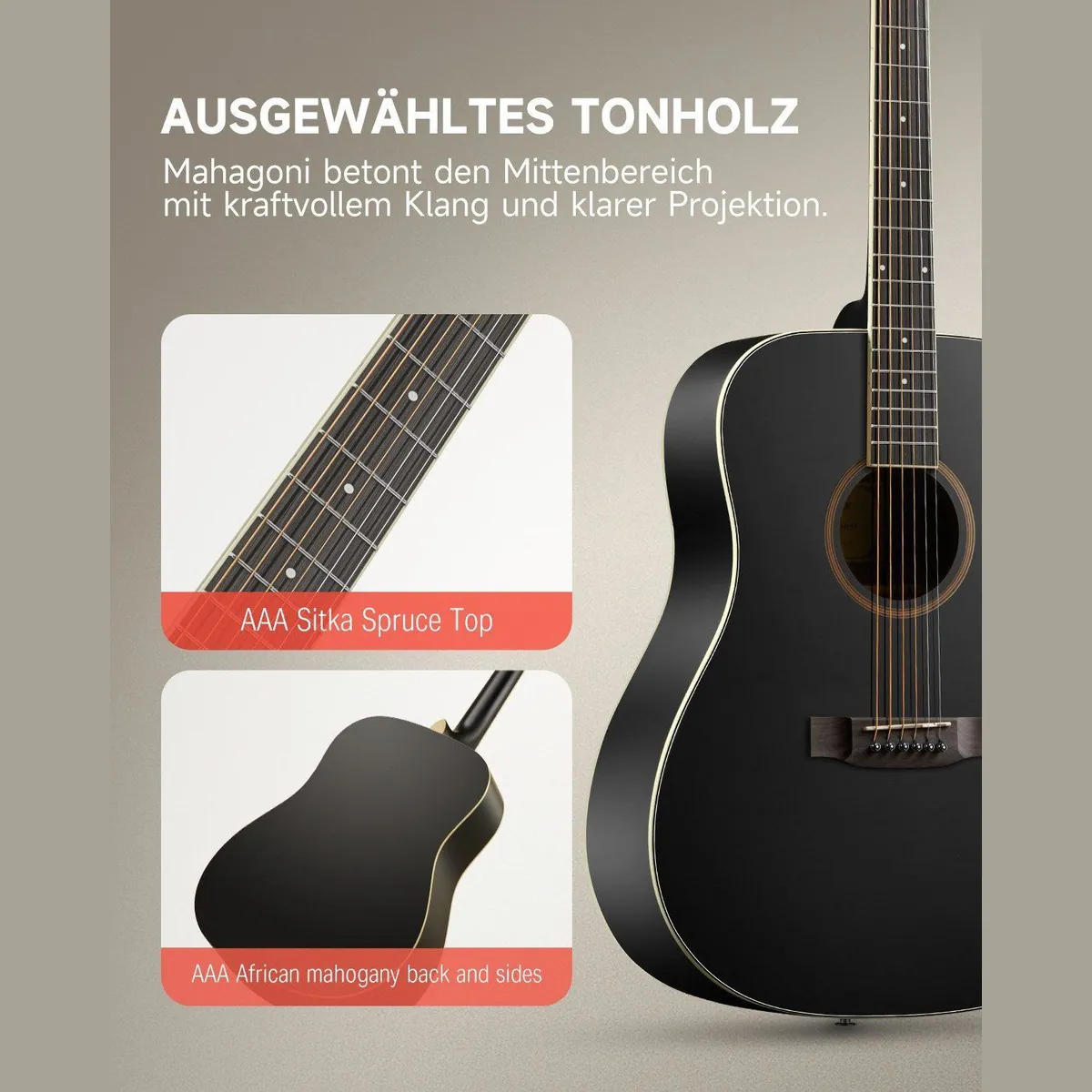 Donner DAG-1CB Akustikgitarre, 41 Zoll, Komplettset für Anfänger — inkl. Gigbag, Gurt, Stimmgerät 3