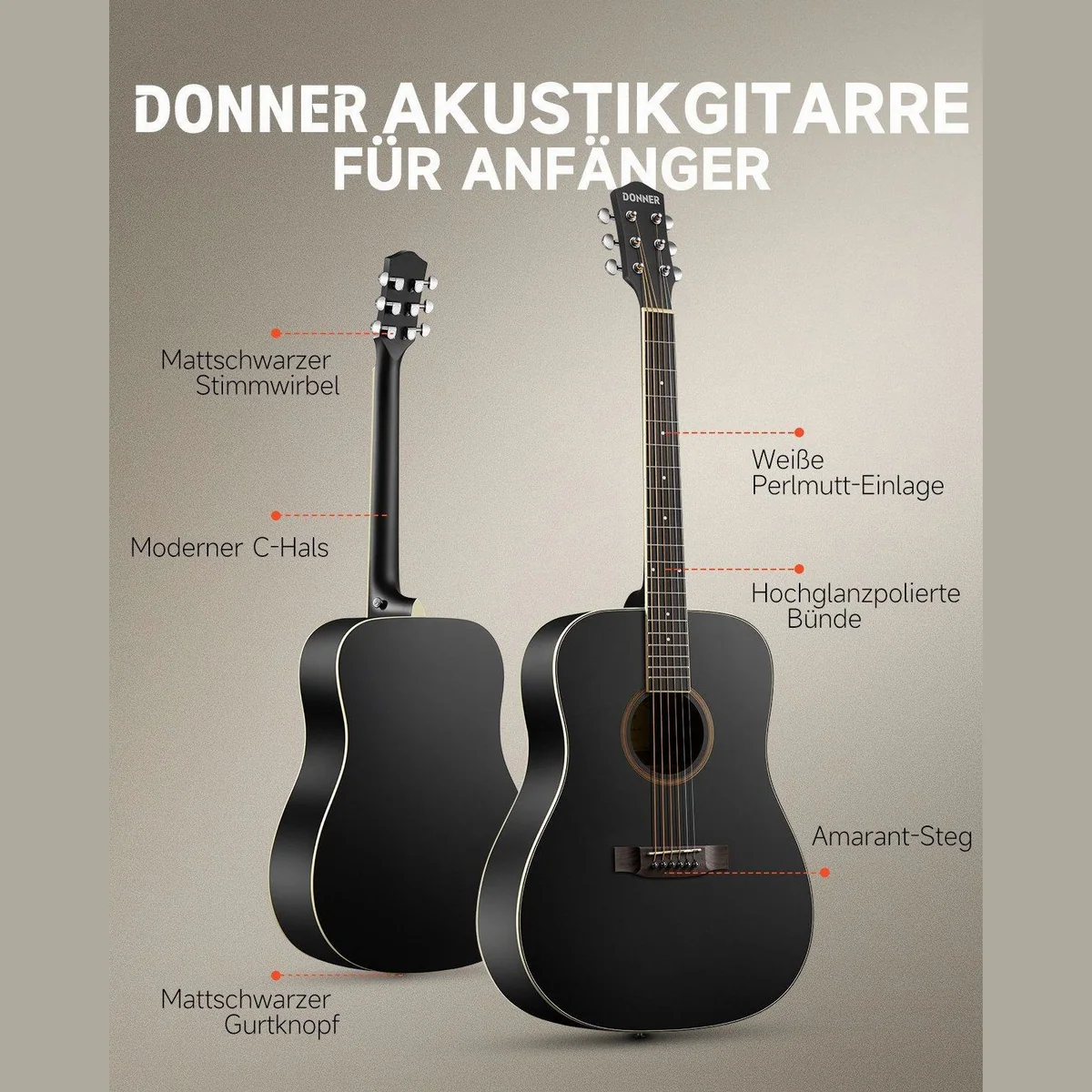 Donner DAG-1CB Akustikgitarre, 41 Zoll, Komplettset für Anfänger — inkl. Gigbag, Gurt, Stimmgerät 4