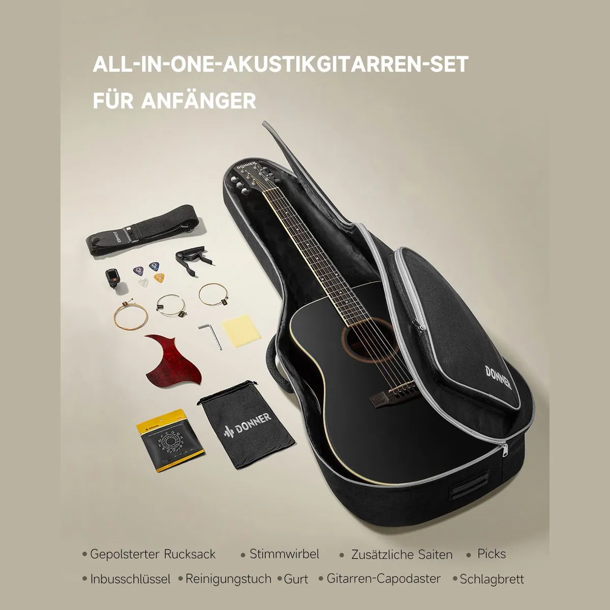 Donner DAG-1CB Akustikgitarre, 41 Zoll, Komplettset für Anfänger — inkl. Gigbag, Gurt, Stimmgerät 5