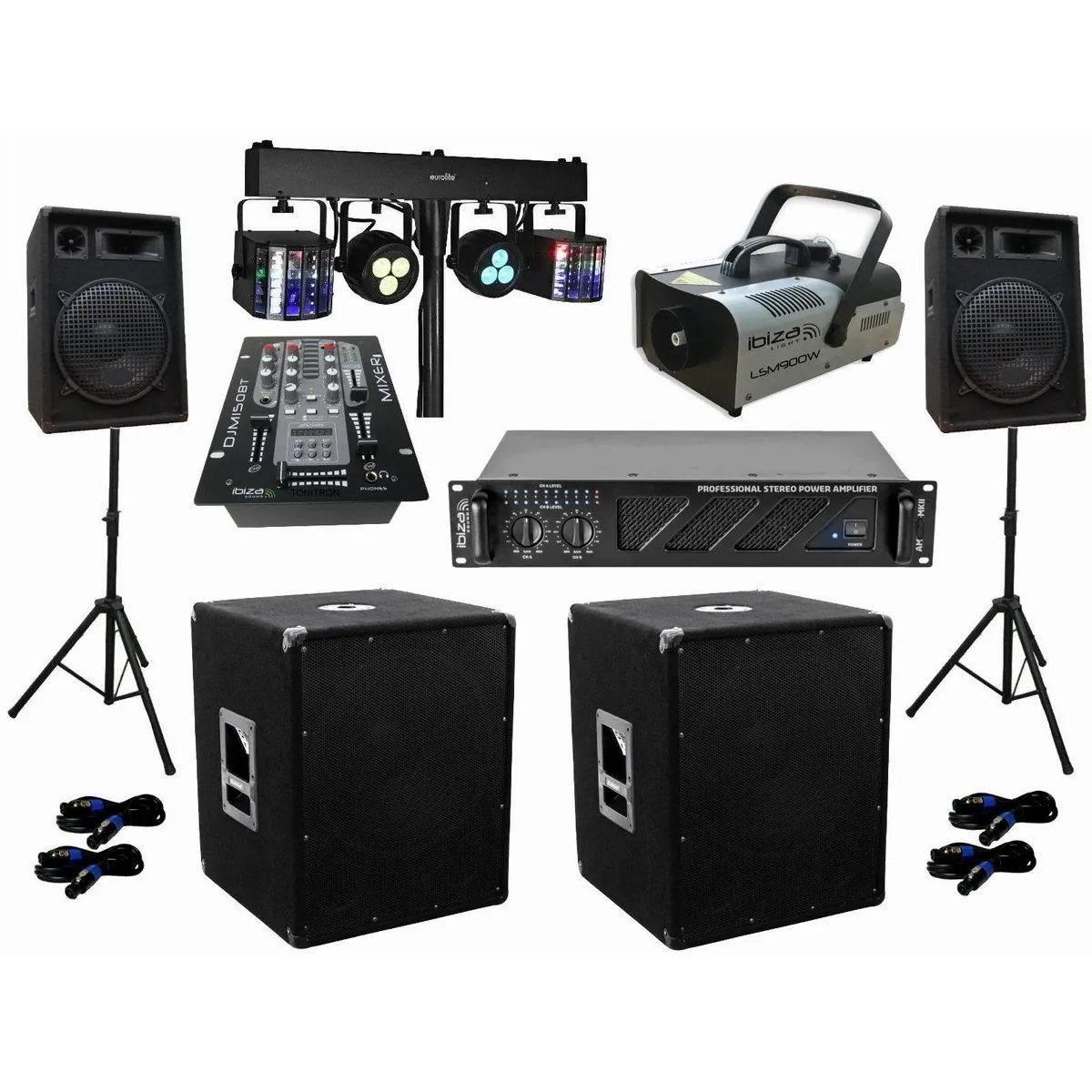 DSX DJ Set Mixer Anlage, 2000 W Leistung, Nebelmaschine & LED Lichtset