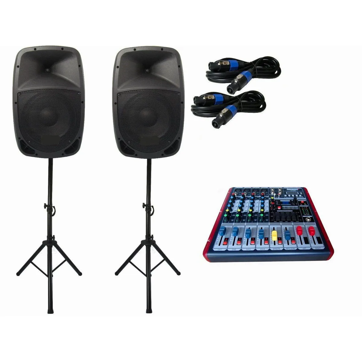 DSX Powermixer PA-Anlage, 2-Wege System mit 25 cm Lautsprechern — 1200 W Musikleistung, USB Player, Stativ