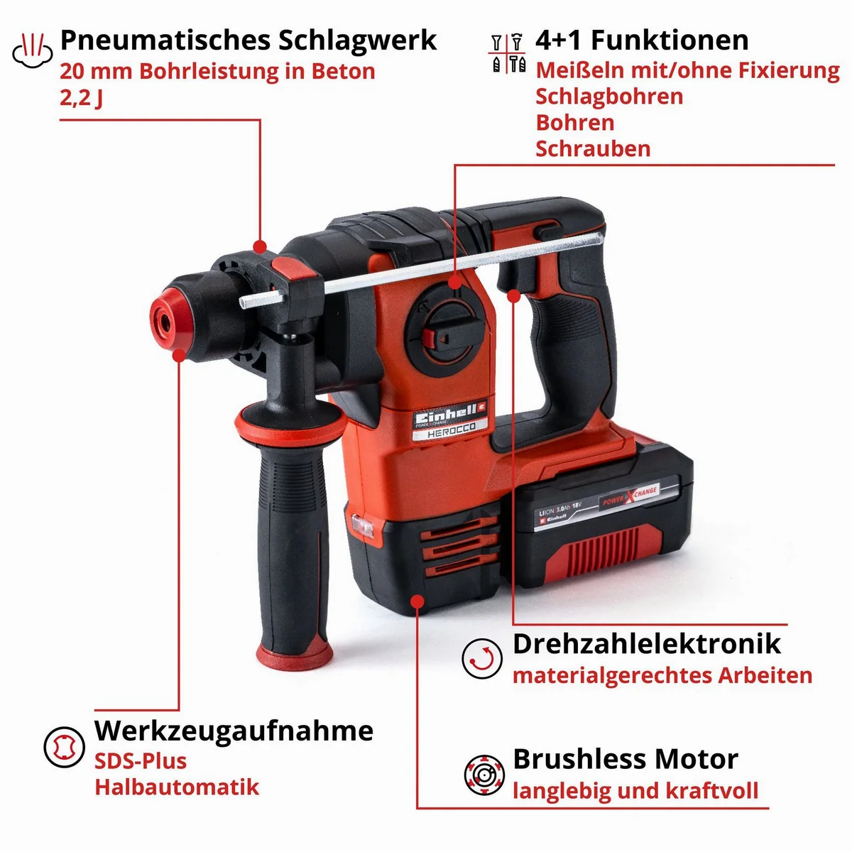 Einhell Akku-Bohrhammer HEROCCO Kit, 18V/3Ah mit Zubehör — ideal für Beton, Stein & Metall 3