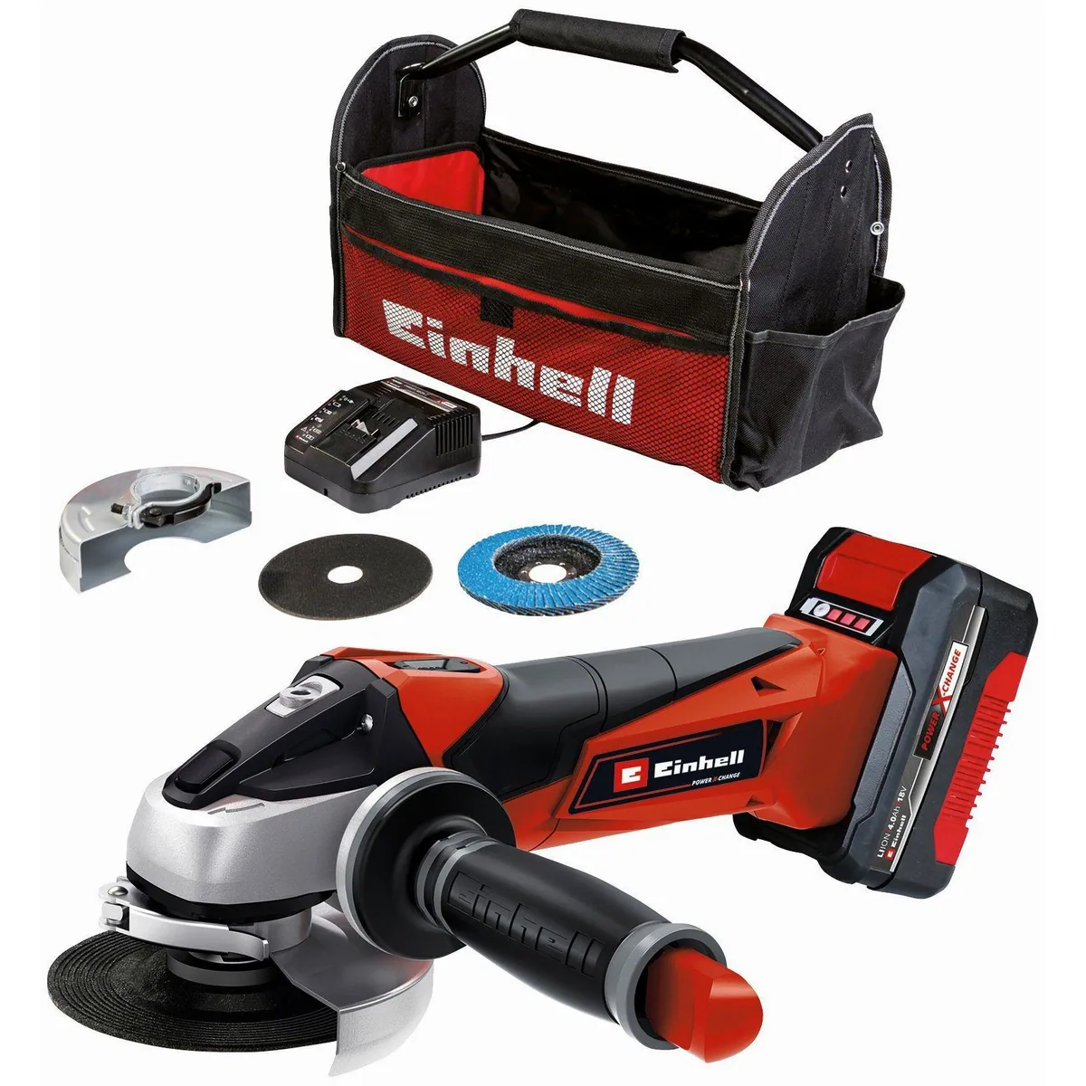 Einhell TE-AG 18/115 Li Akku-Winkelschleifer, 115 mm Ø, 28 mm Schnitttiefe, inkl. 4 Ah Akku und Ladegerät