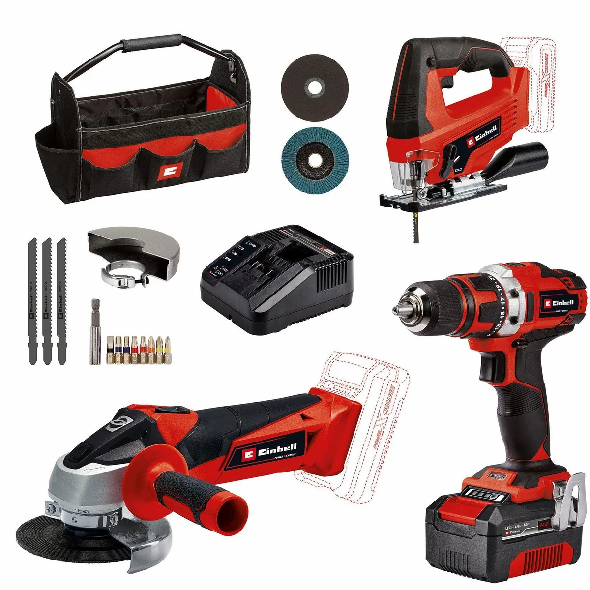 Einhell TE-TK 18/3 Li Kit, 13-teiliges Elektrowerkzeug-Set — Akku-Bohrschrauber, Winkelschleifer, Stichsäge
