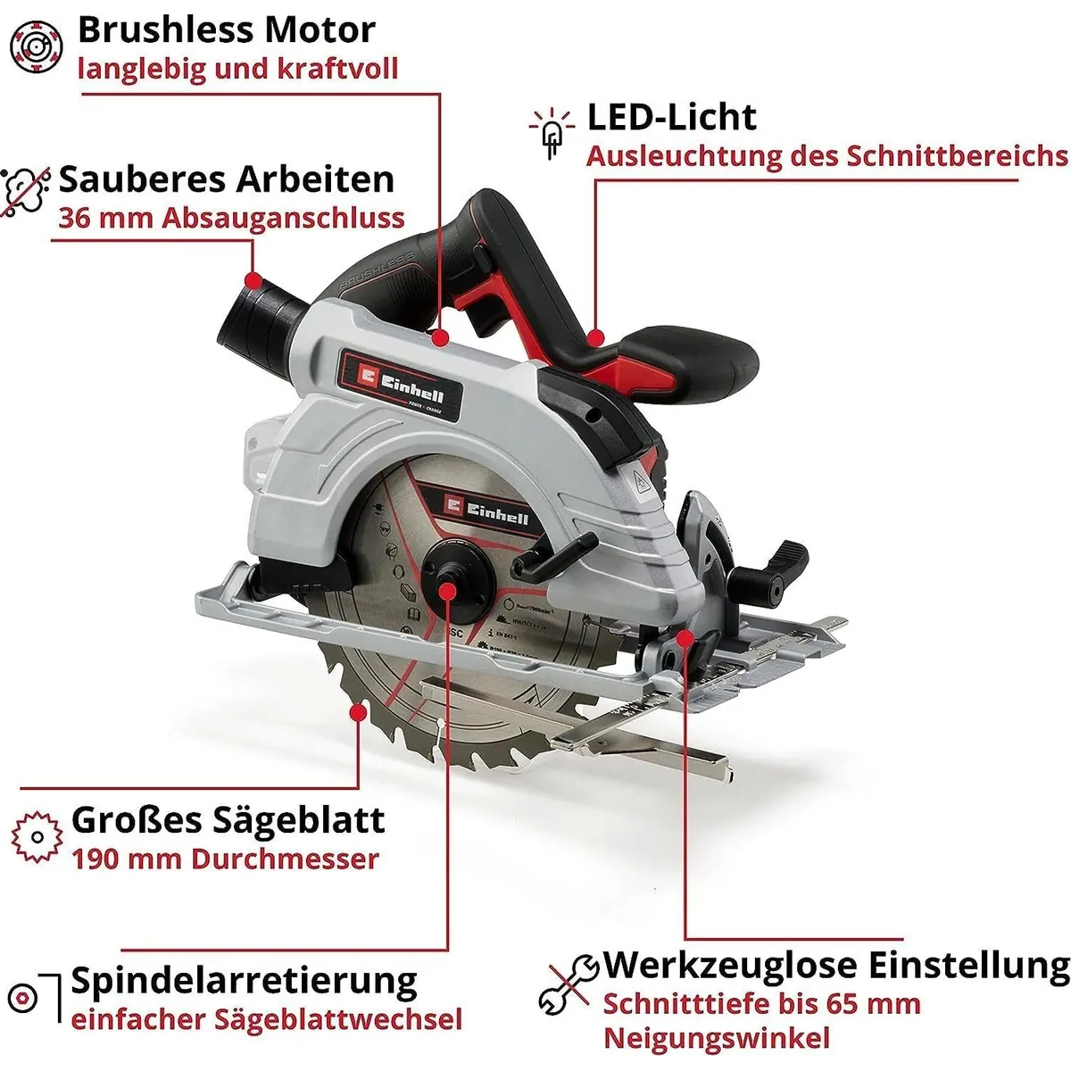 Einhell TP-CS 18/190 Li BL Akku-Handkreissäge, leistungsstarker Brushless-Motor, werkzeuglose Einstellung 5