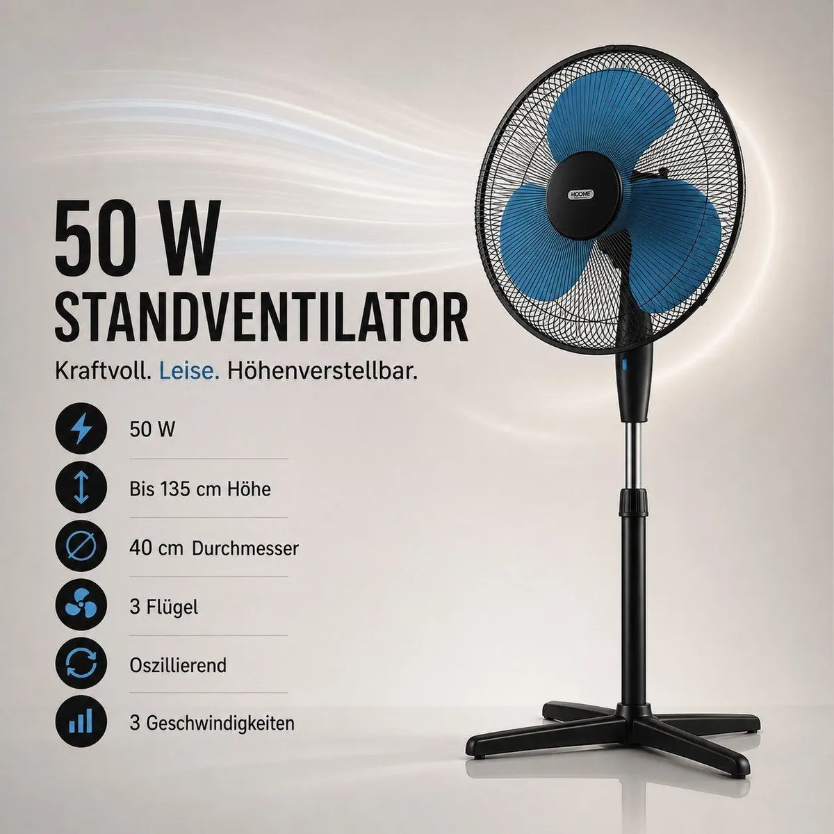 Ertex Standventilator, 50W Leistung, 40 cm Durchmesser, Höhenverstellbar