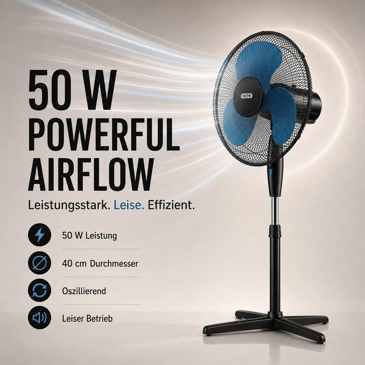 Ertex Standventilator, 50W Leistung, 40 cm Durchmesser, Höhenverstellbar 2
