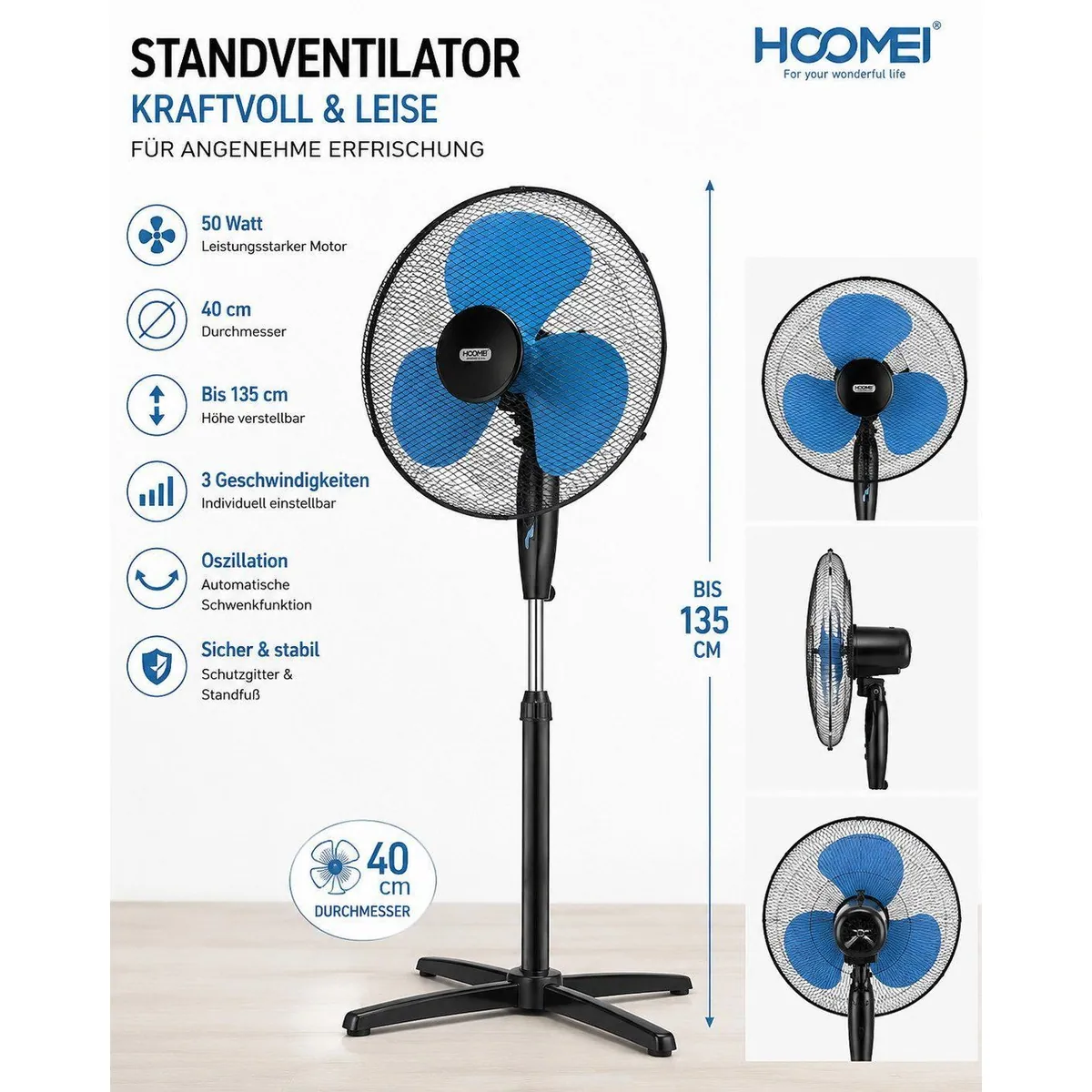 Ertex Standventilator, 50W Leistung, 40 cm Durchmesser, Höhenverstellbar 3