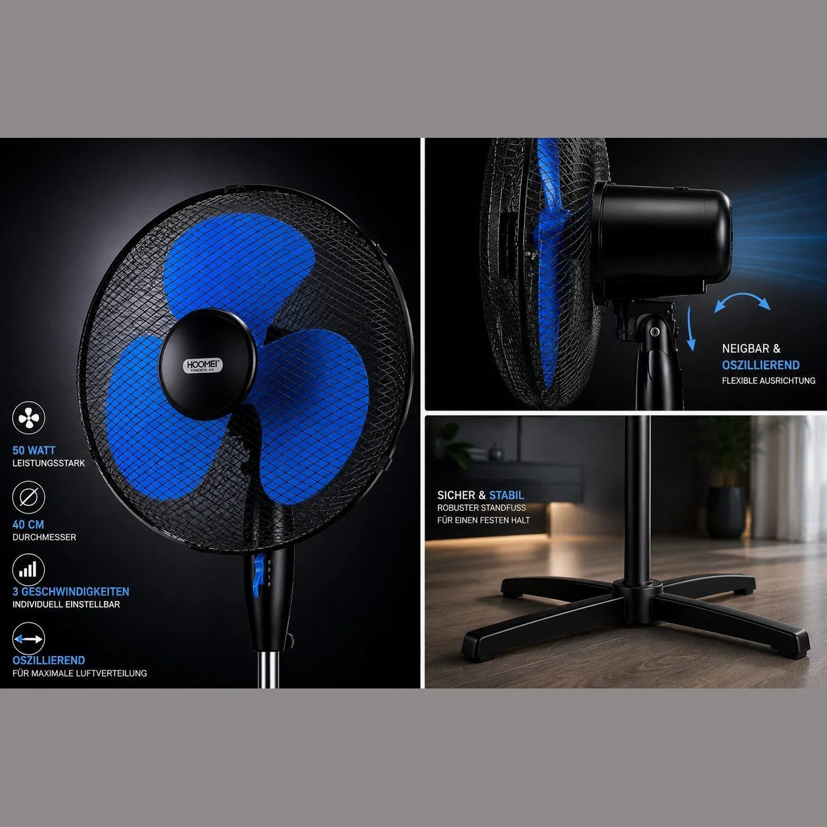 Ertex Standventilator, 50W Leistung, 40 cm Durchmesser, Höhenverstellbar 5