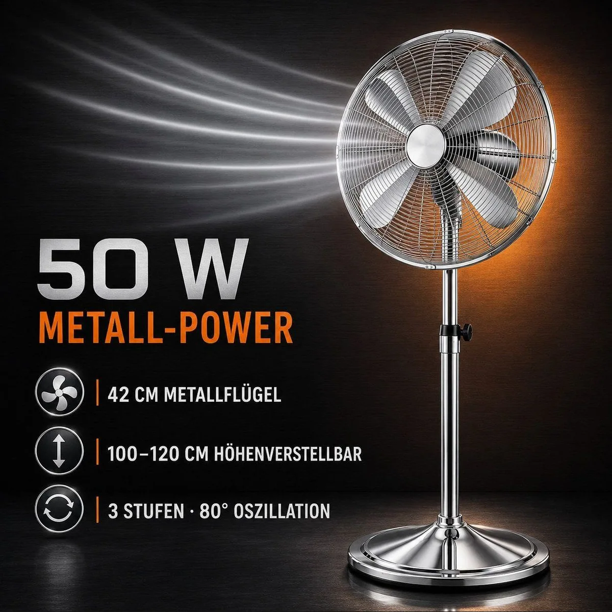 Ertex Standventilator EDELSTAHL, leise 50W, 120 cm Höhe, 3 Geschwindigkeitsstufen