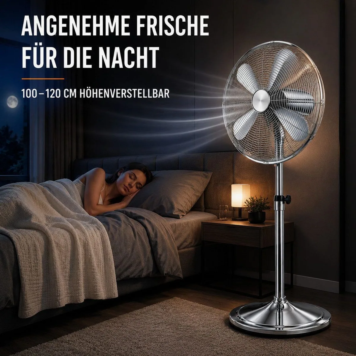 Ertex Standventilator EDELSTAHL, leise 50W, 120 cm Höhe, 3 Geschwindigkeitsstufen 3