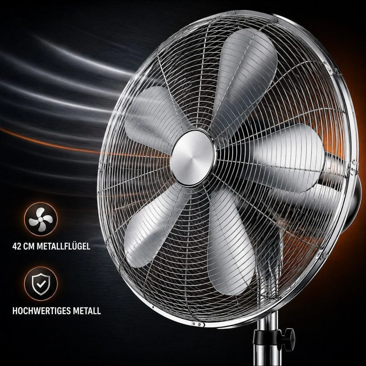Ertex Standventilator EDELSTAHL, leise 50W, 120 cm Höhe, 3 Geschwindigkeitsstufen 4