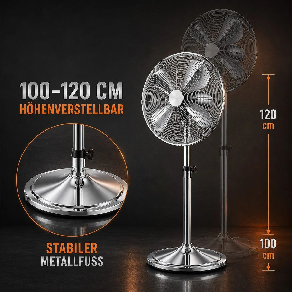 Ertex Standventilator EDELSTAHL, leise 50W, 120 cm Höhe, 3 Geschwindigkeitsstufen 5