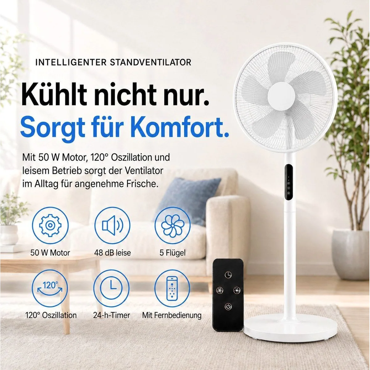 Ertex Standventilator, 50 W, 120° Oszillation, Fernbedienung 3