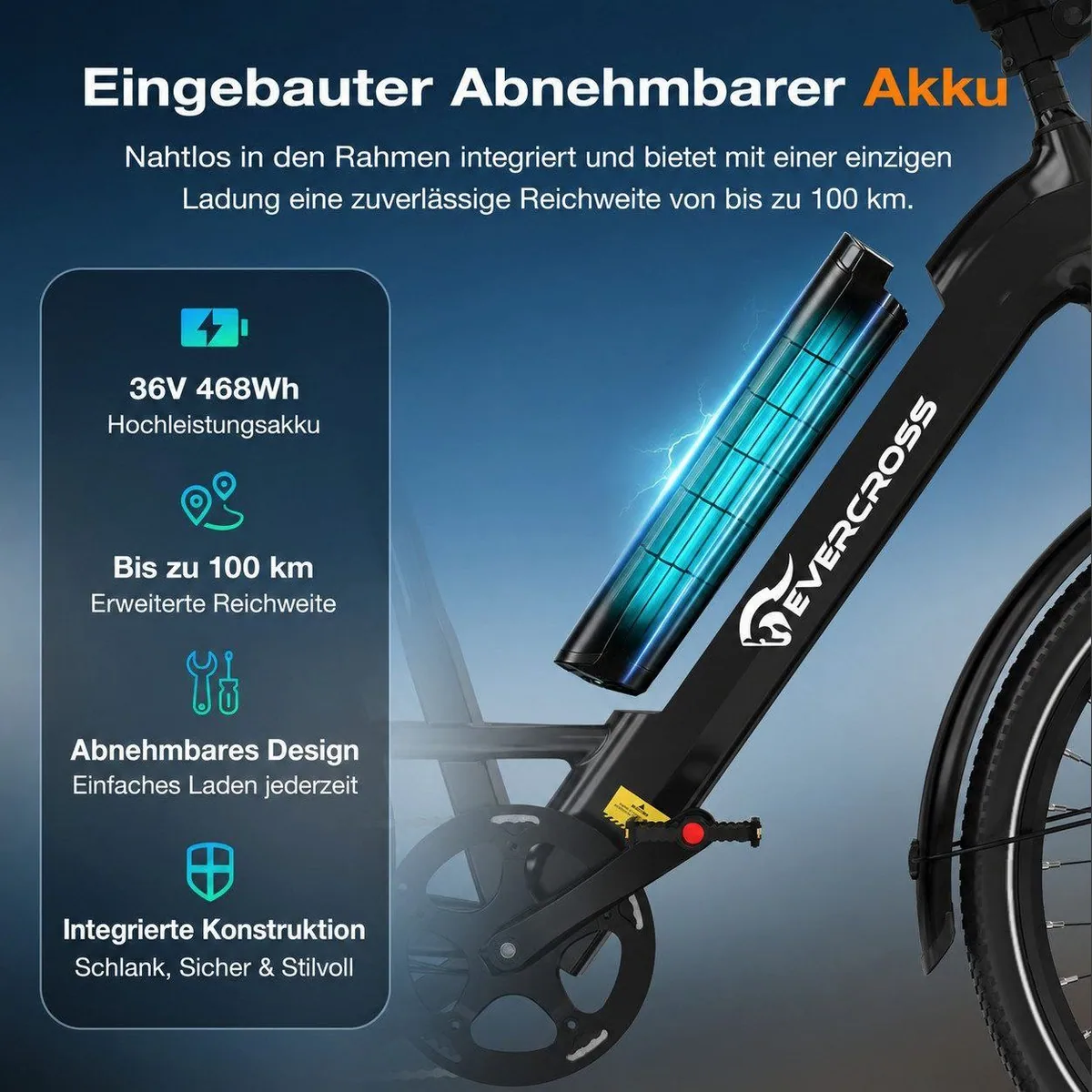 EVERCROSS TECH EK25 E-Bike, 100 km Reichweite, 7-Gang Shimano, Drehmomentsensor 3