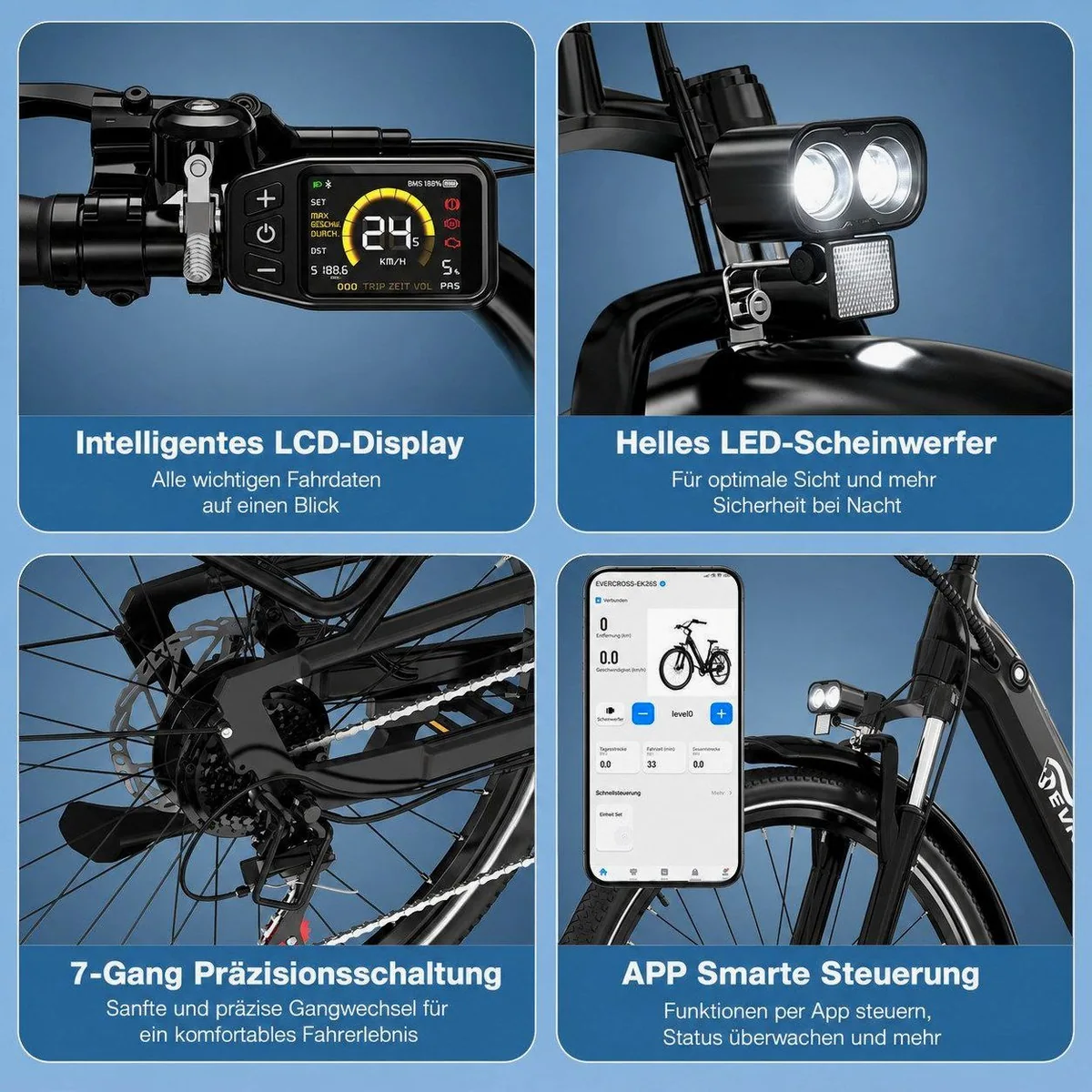 EVERCROSS TECH EK25 E-Bike, 100 km Reichweite, 7-Gang Shimano, Drehmomentsensor 4