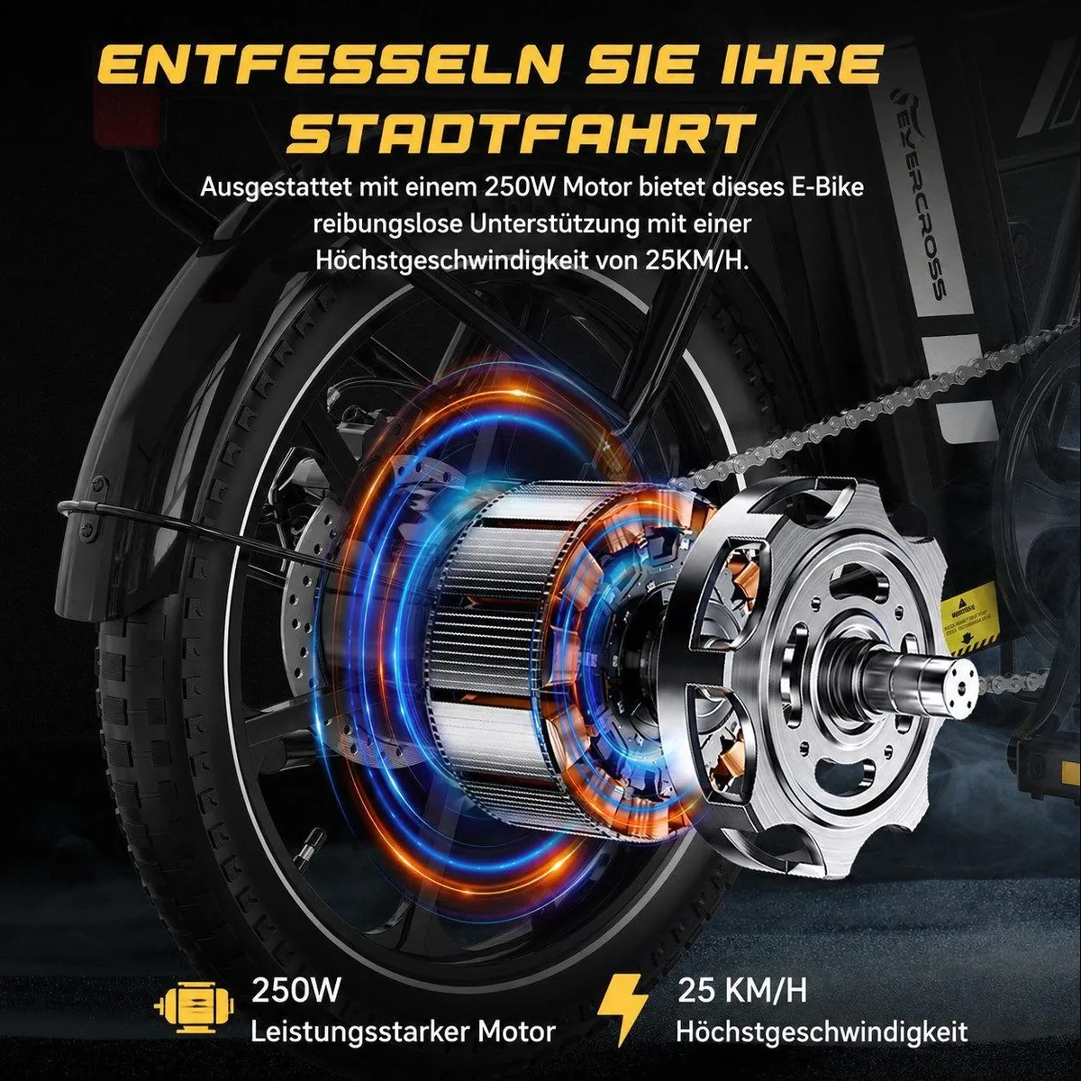 EVERCROSS TECH EK5 E-Bike, 36V 13Ah Akku, 250W Motor, faltbar, bis 60 km Reichweite 3