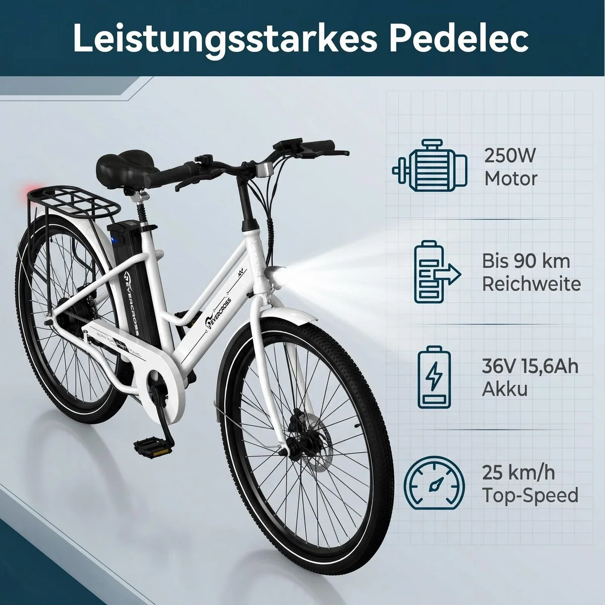 EVERCROSS TECH EK8 E-Bike, 26 Zoll, 36V 15,6Ah Lithiumbatterie, bis 90 km Reichweite 2