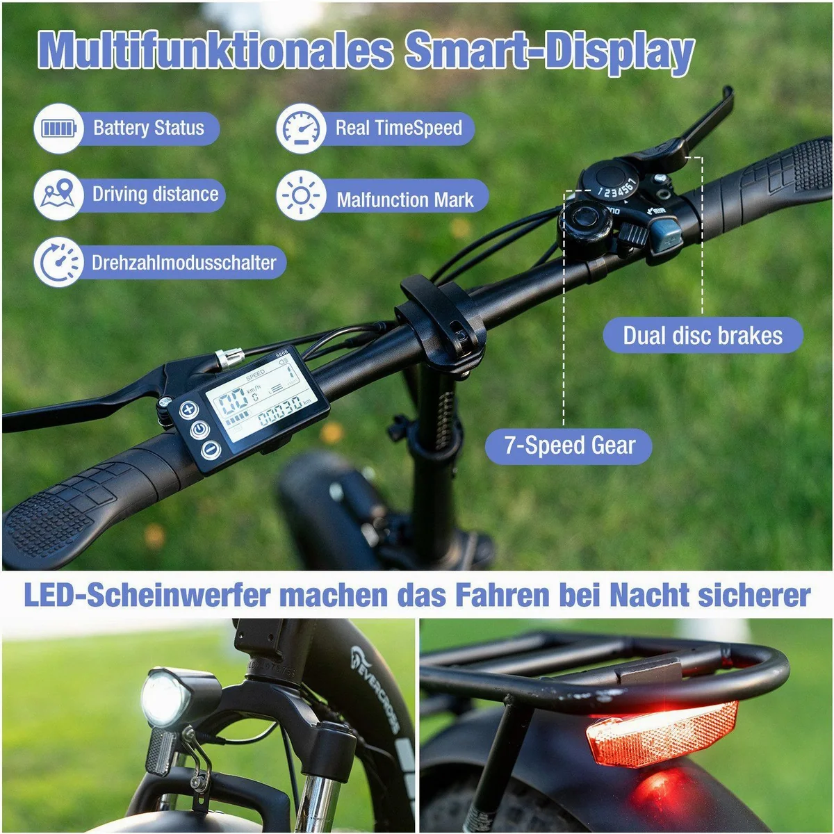 EVERCROSS TECH E-Bike 20×4.0 Fatbike, 7-Gang Shimano, 48V 18Ah Akku, 130km Reichweite 4