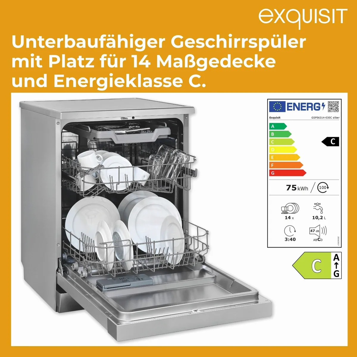 exquisit GSP56314-030C Standgeschirrspüler, 14 Maßgedecke, automatische Türöffnung, höhenverstellbarer Oberkorb 2