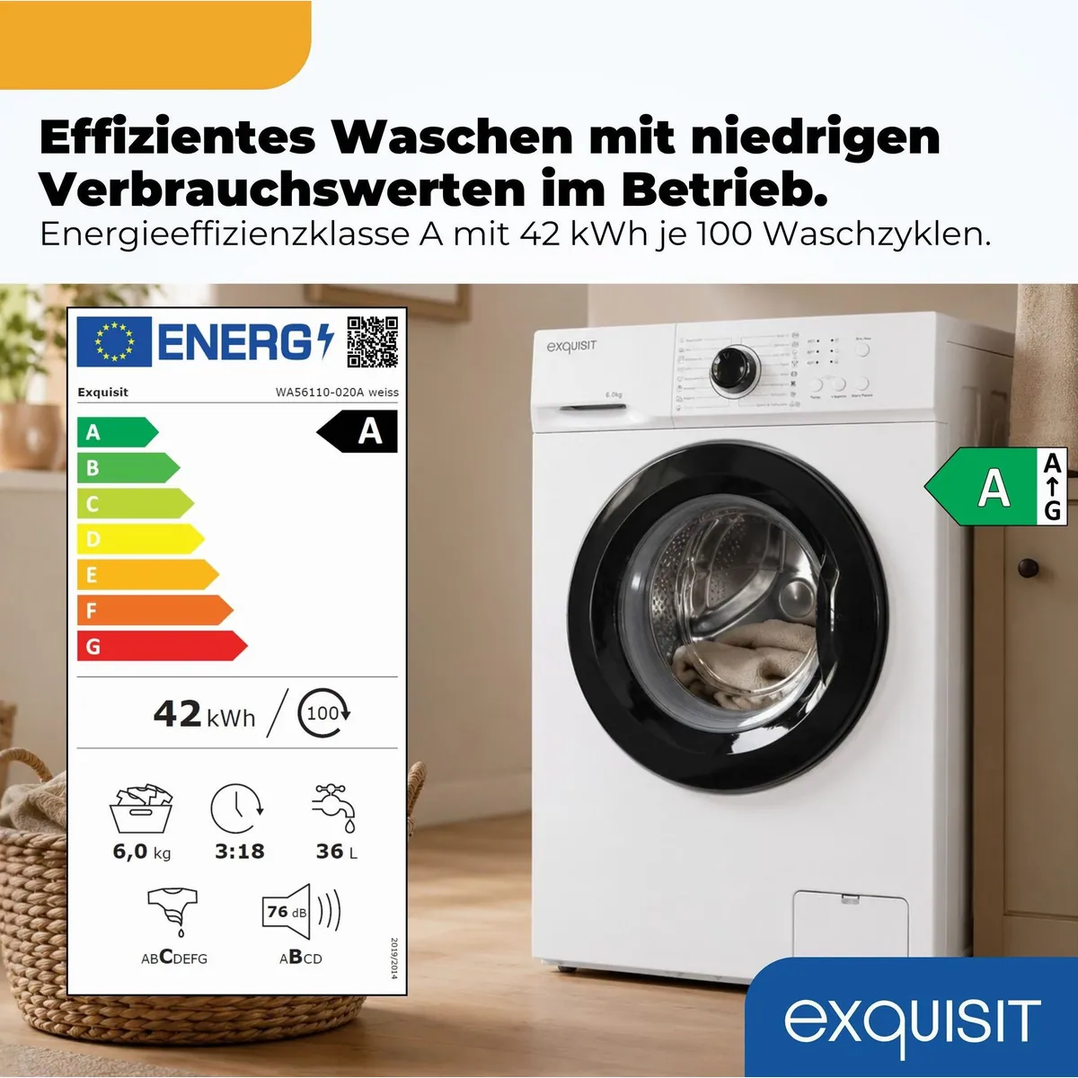 exquisit WA56110-020A Waschmaschine, 6 kg, 1000 U/min — einfache Bedienung, Energieeffizienzklasse A, 16 Waschprogramme 2