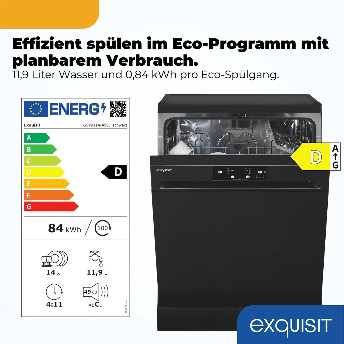 exquisit GSP9114-450D Standgeschirrspüler, 14 Maßgedecke, Edelstahl Innenbehälter, 49 dB 2