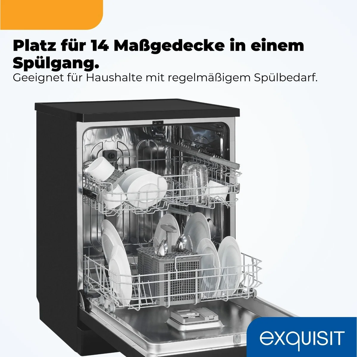 exquisit GSP9114-450D Standgeschirrspüler, 14 Maßgedecke, Edelstahl Innenbehälter, 49 dB 4