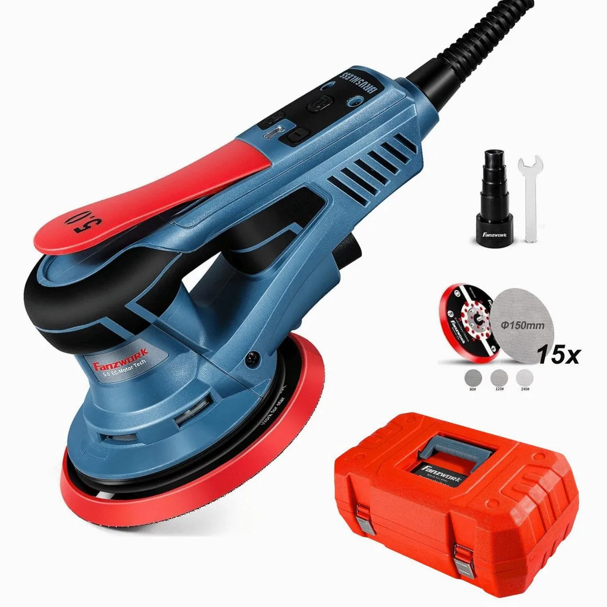 Fanzwork Exzenterschleifer 350W, bürstenloser Motor, 150mm Schleifteller, vibrationsarm