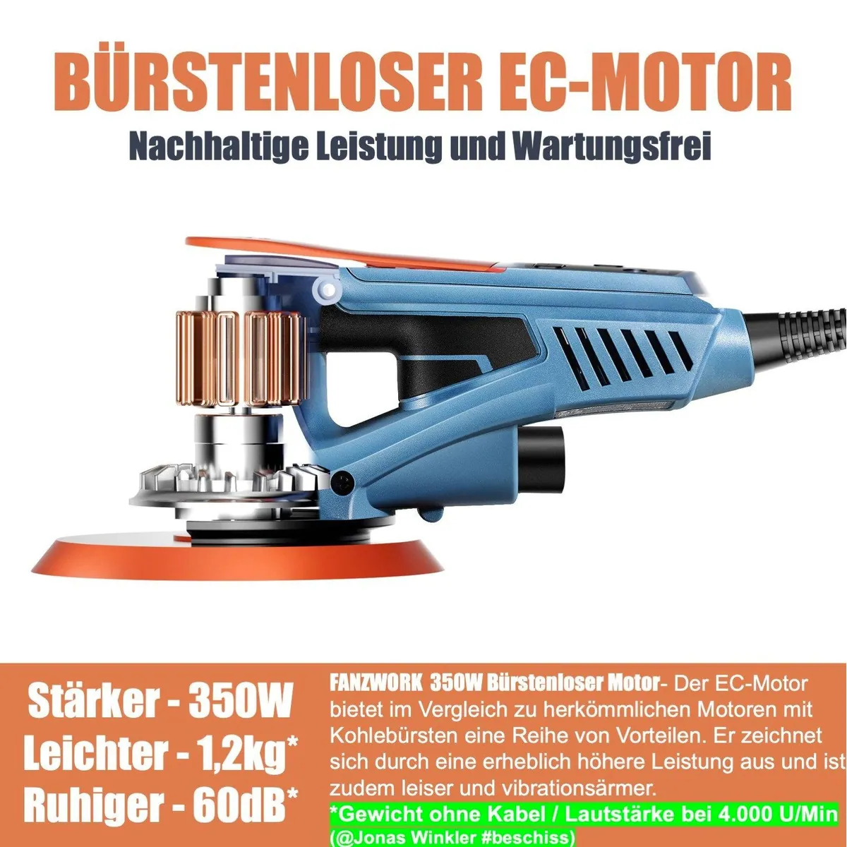 Fanzwork Exzenterschleifer 350W, bürstenloser Motor, 150mm Schleifteller, vibrationsarm 2