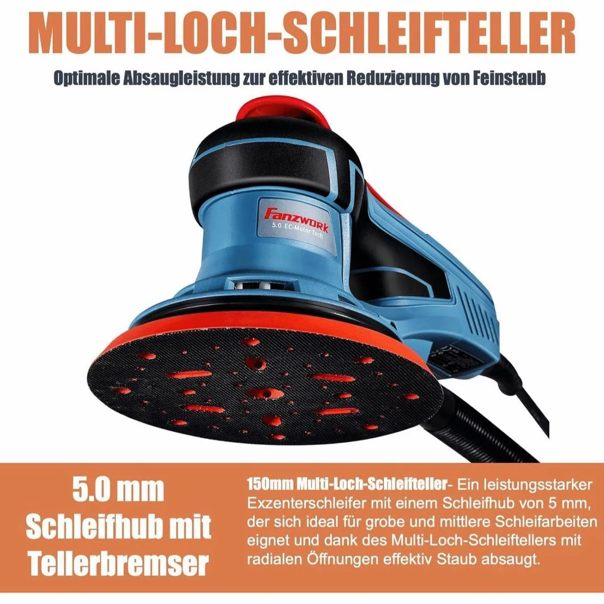 Fanzwork Exzenterschleifer 350W, bürstenloser Motor, 150mm Schleifteller, vibrationsarm 3