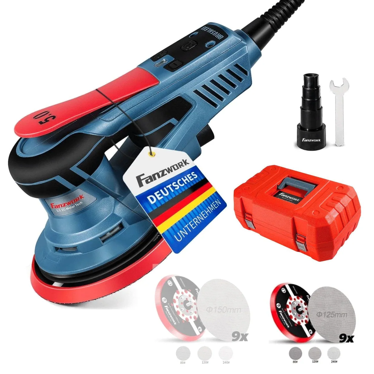 Fanzwork Exzenterschleifer 350W, bürstenloser Motor, 125mm/150mm Schleifteller — vibrationsarm, wartungsfrei, ergonomisches Design