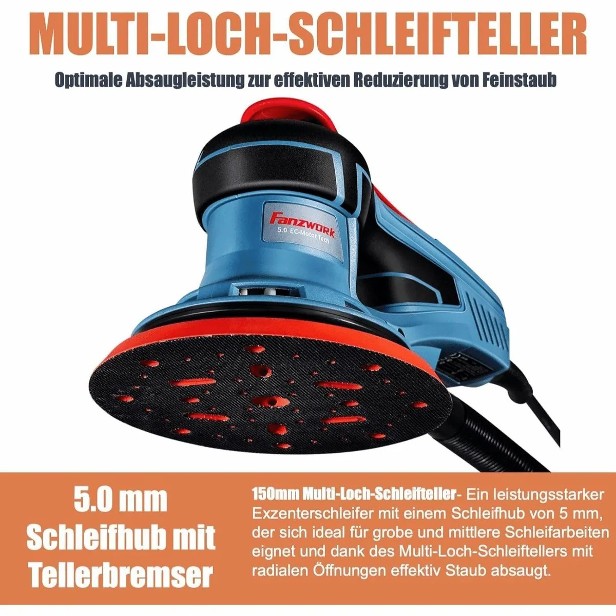 Fanzwork Exzenterschleifer 350W, bürstenloser Motor, 125mm/150mm Schleifteller — vibrationsarm, wartungsfrei, ergonomisches Design 3